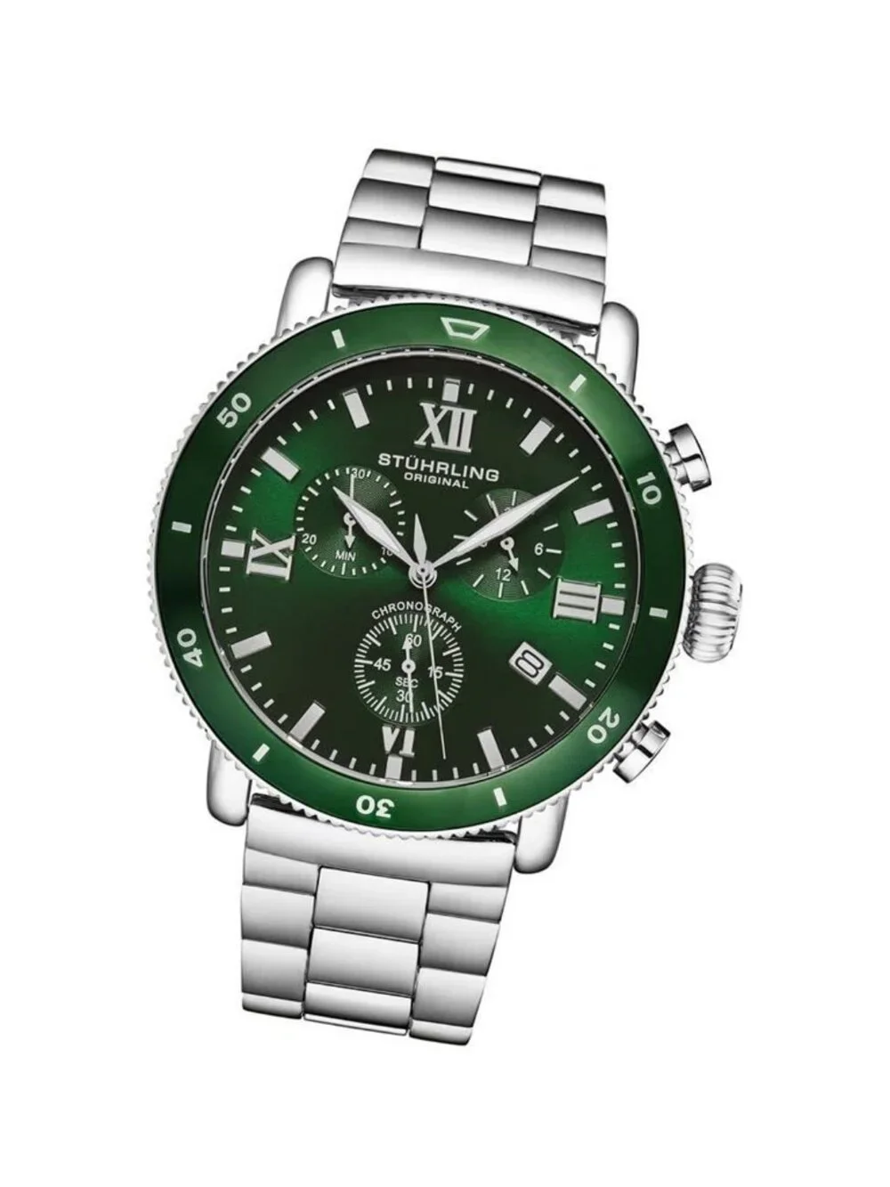 NWT Stuhrling Original Monaco Chronograph Quartz Green Dial Men's Watch